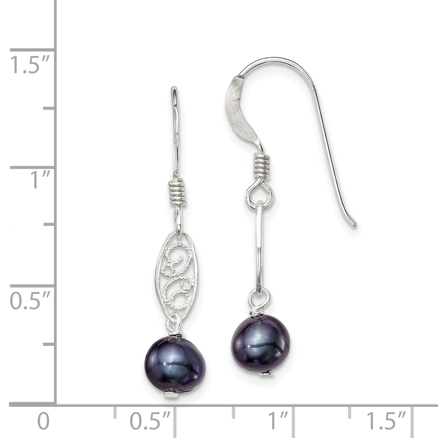 Sterling Silver Polished Filigree 5-6mm Black Freshwater Cultured Pearl Dangle Earrings