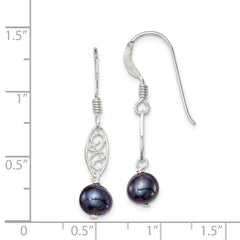 Sterling Silver Polished Filigree 5-6mm Black Freshwater Cultured Pearl Dangle Earrings