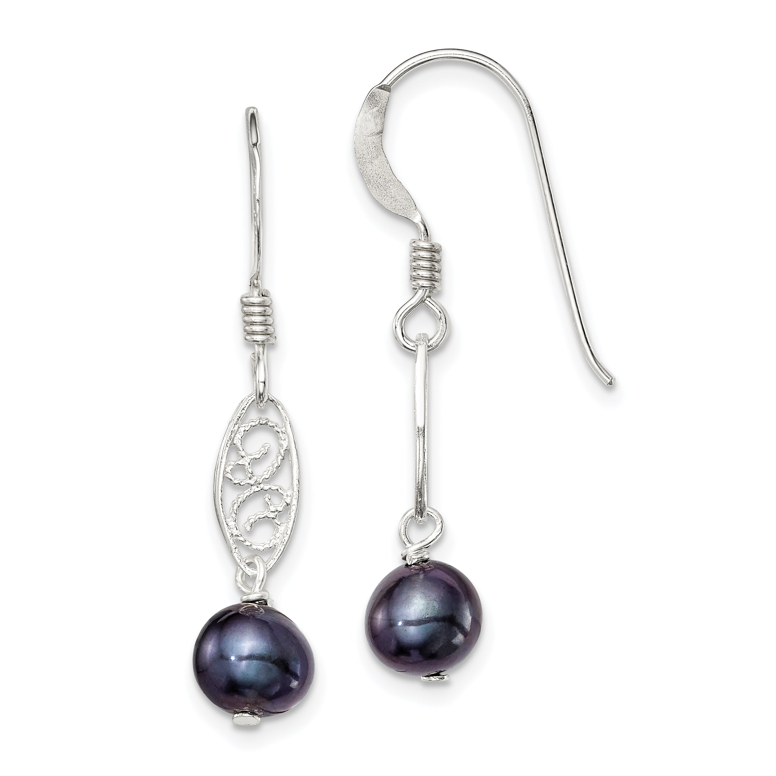 Sterling Silver Polished Filigree 5-6mm Black Freshwater Cultured Pearl Dangle Earrings