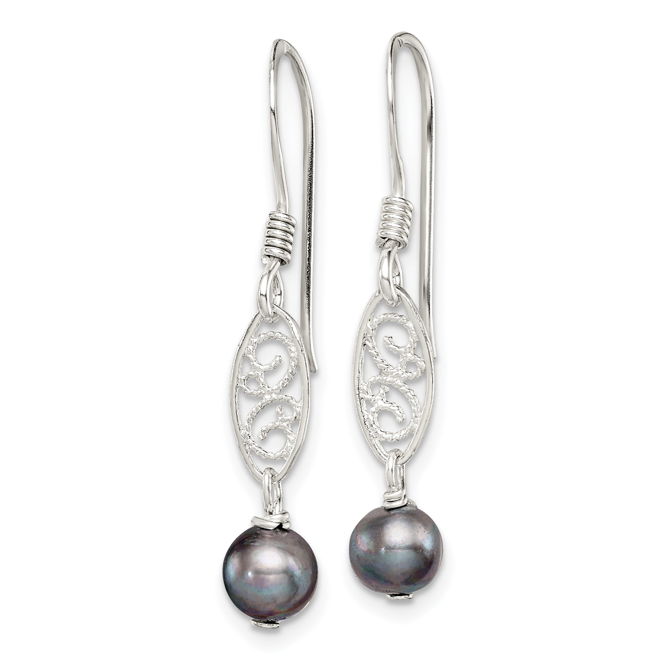 Sterling Silver Polished Filigree 5-6mm Grey Freshwater Cultured Pearl Dangle Earrings