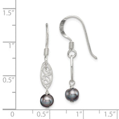 Sterling Silver Polished Filigree 5-6mm Grey Freshwater Cultured Pearl Dangle Earrings