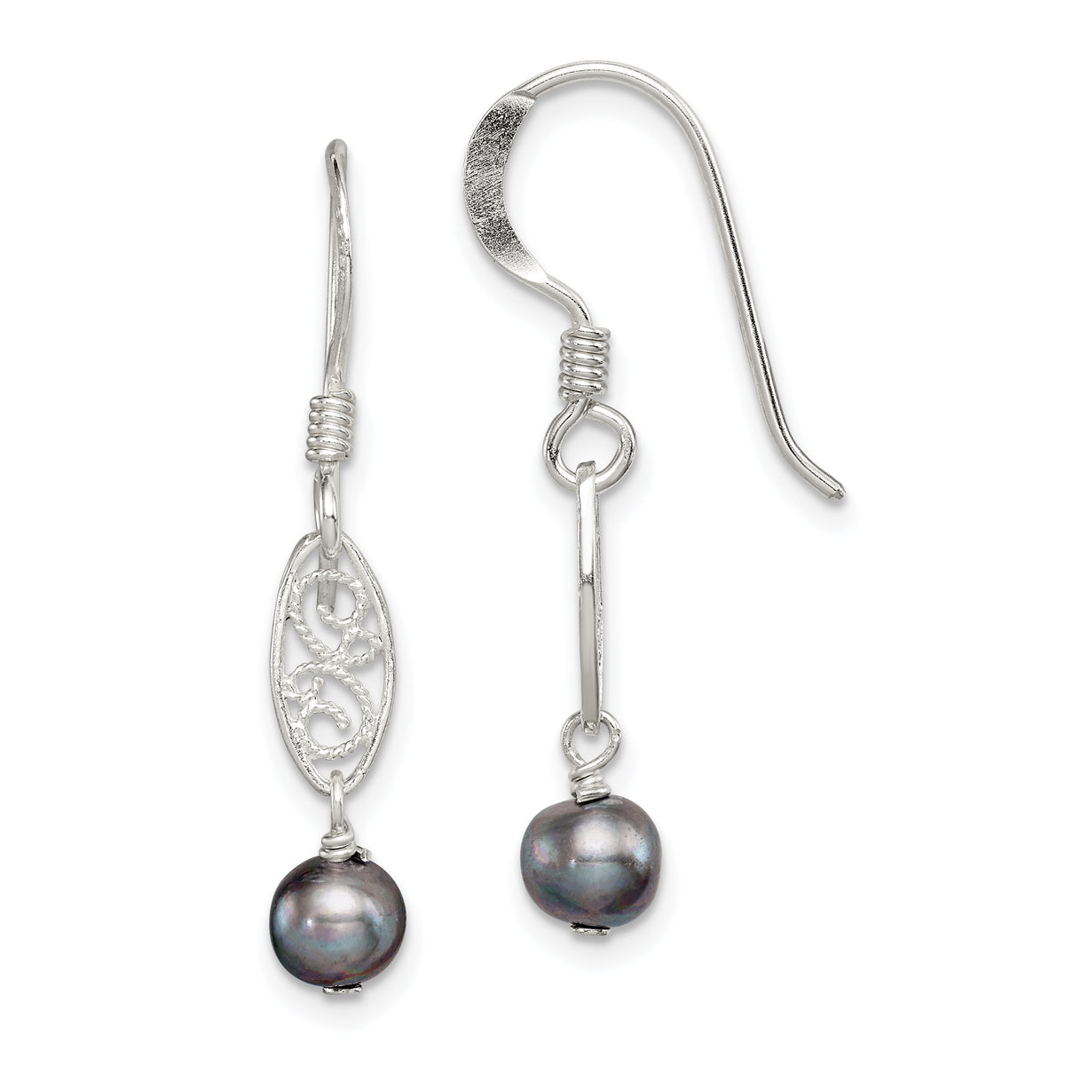 Sterling Silver Polished Filigree 5-6mm Grey Freshwater Cultured Pearl Dangle Earrings