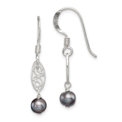 Sterling Silver Polished Filigree 5-6mm Grey Freshwater Cultured Pearl Dangle Earrings