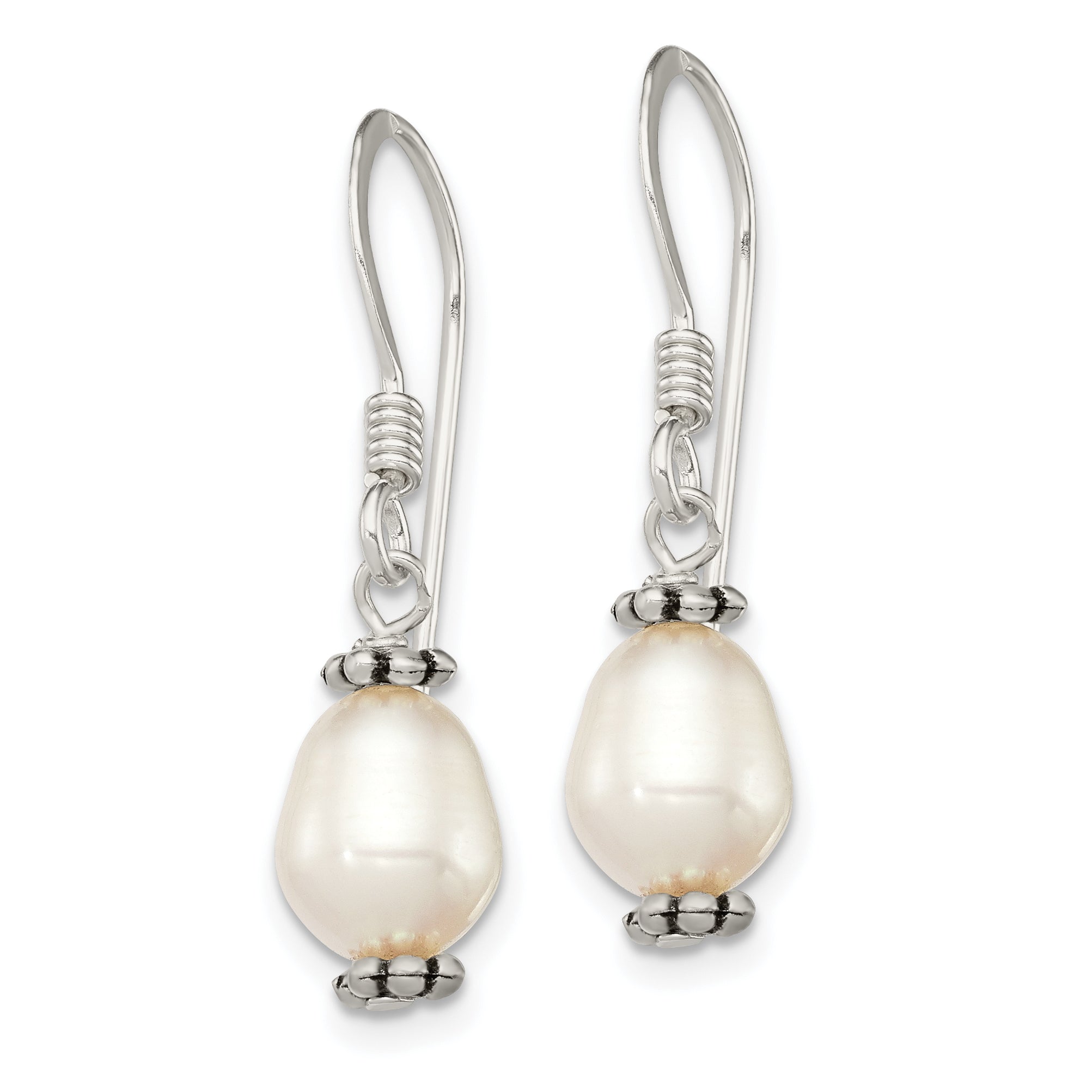 Sterling Silver Polished Antiqued & Beaded White 7-8mm Freshwater Cultured Pearl Dangle Earrings