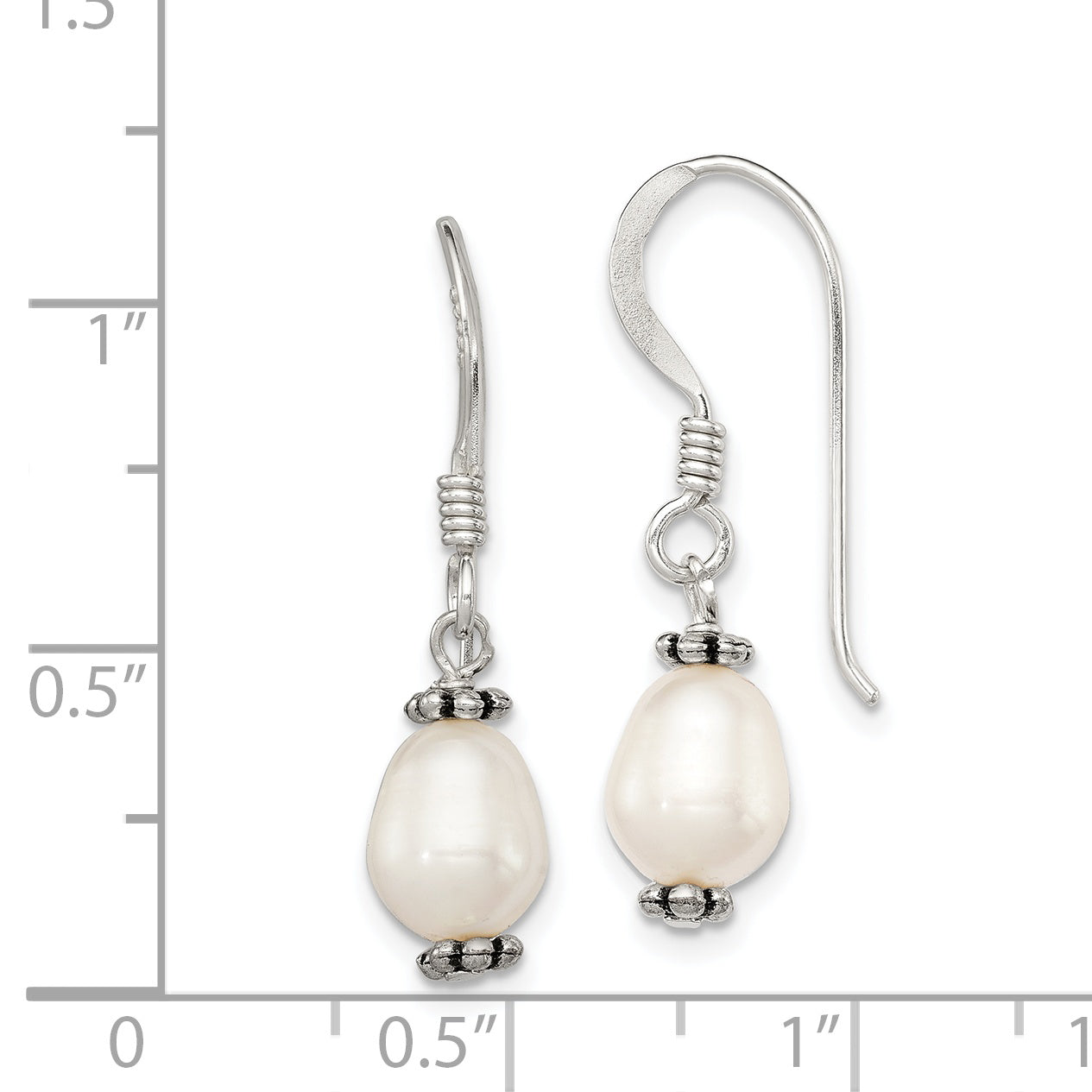 Sterling Silver Polished Antiqued & Beaded White 7-8mm Freshwater Cultured Pearl Dangle Earrings