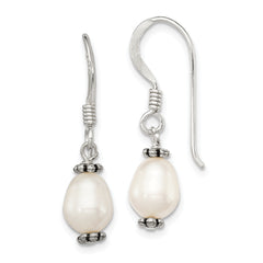 Sterling Silver Polished Antiqued & Beaded White 7-8mm Freshwater Cultured Pearl Dangle Earrings