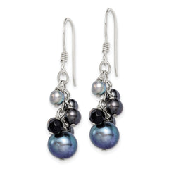 Sterling Silver Polished Black & Grey Freshwater Cultured Pearls and Onyx Dangle Earrings