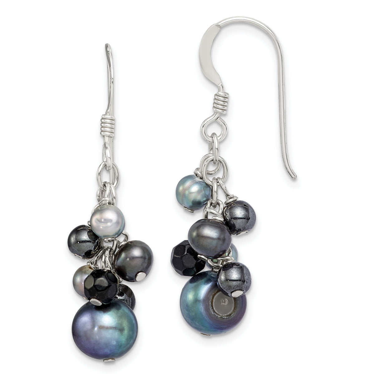 Sterling Silver Polished Black & Grey Freshwater Cultured Pearls and Onyx Dangle Earrings