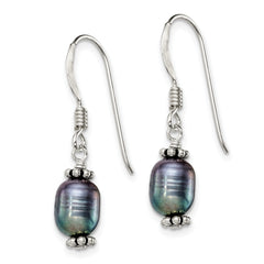 Sterling Silver Polished, Antiqued & Beaded 6-7mm Rice Black Freshwater Cultured Pearl Dangle Earrings