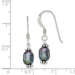 Sterling Silver Polished, Antiqued & Beaded 6-7mm Rice Black Freshwater Cultured Pearl Dangle Earrings