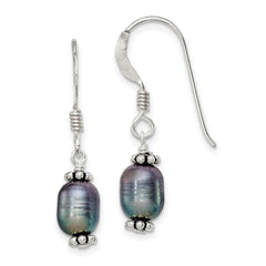 Sterling Silver Polished, Antiqued & Beaded 6-7mm Rice Black Freshwater Cultured Pearl Dangle Earrings