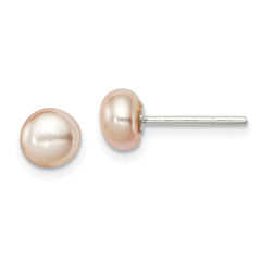 Sterling Silver Polished Peach 5-6mm Freshwater Cultured Pearl Button Post Earrings