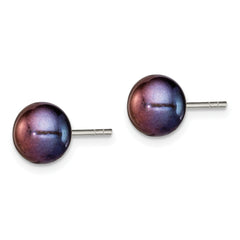 Sterling Silver Polished 7-8mm Black Freshwater Cultured Pearl Button Post Earrings