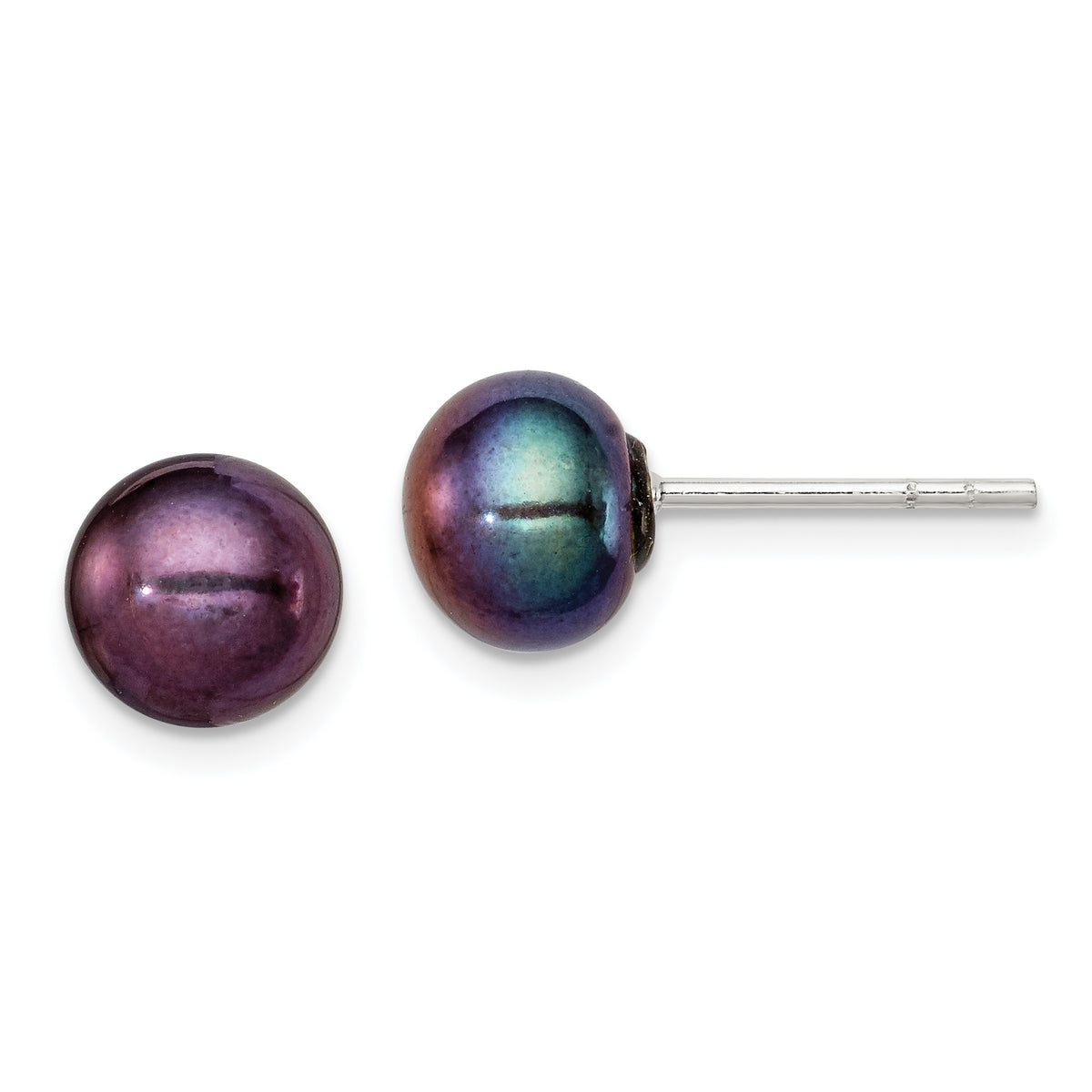 Sterling Silver Polished 7-8mm Black Freshwater Cultured Pearl Button Post Earrings