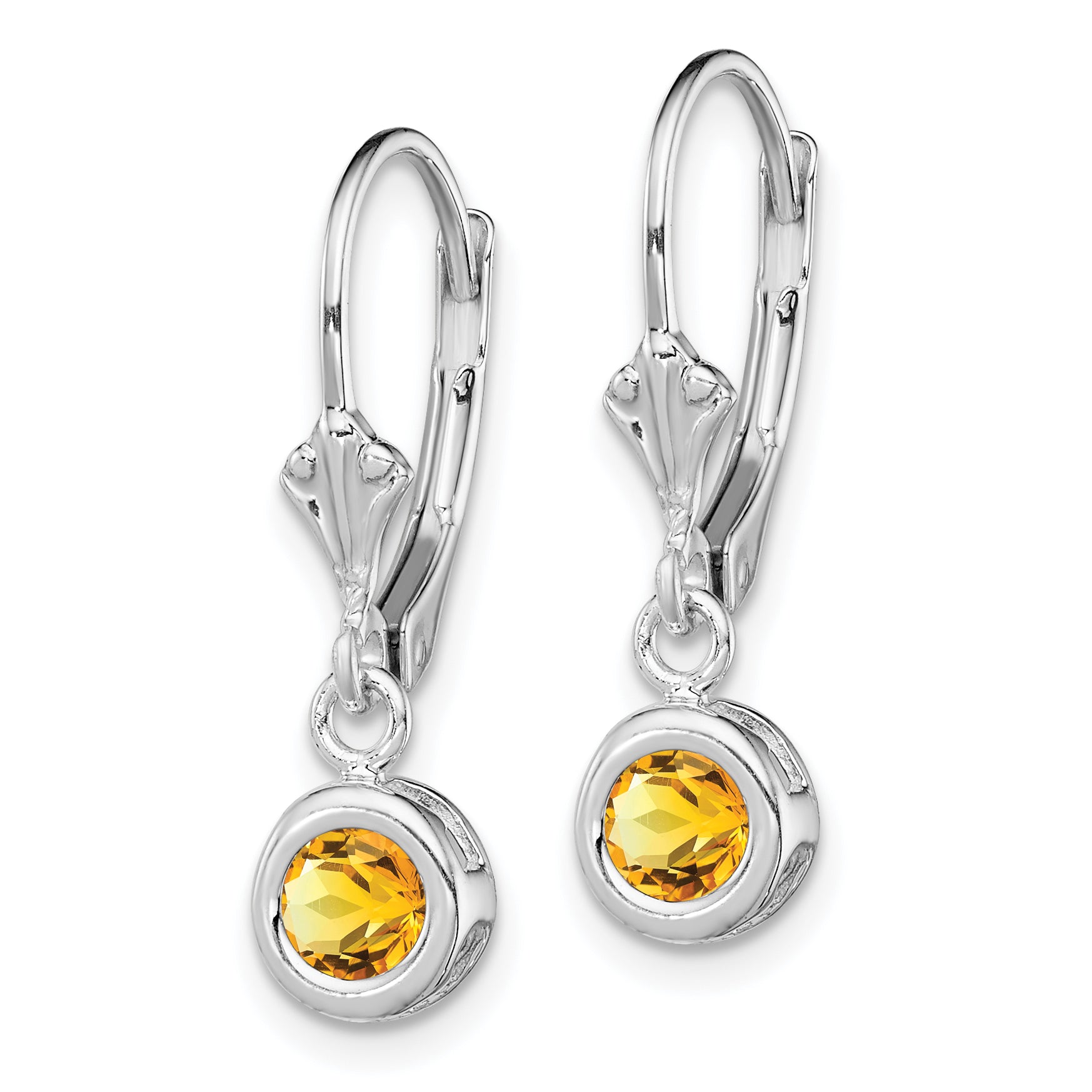 Sterling Silver Rhodium Plated 5mm Round Citrine Leverback Earrings