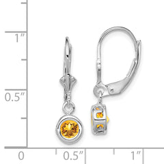 Sterling Silver Rhodium Plated 5mm Round Citrine Leverback Earrings
