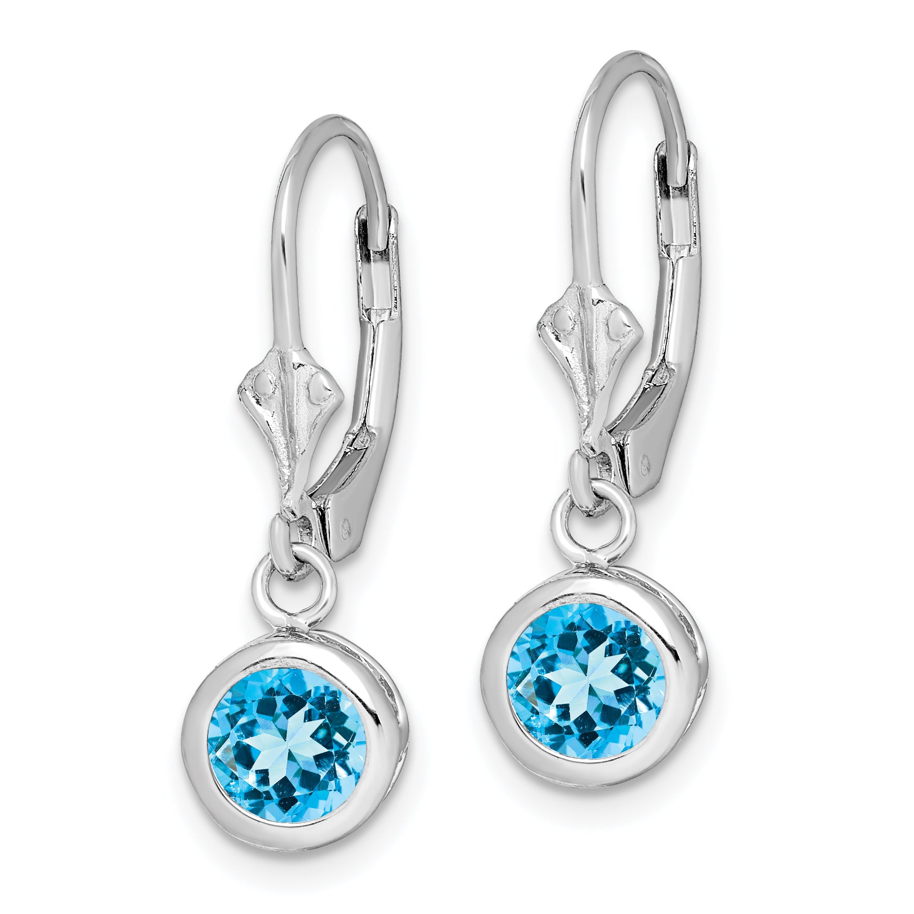 Sterling Silver Rhodium Plated 6mm Round Blue Topaz Leverback Earrings