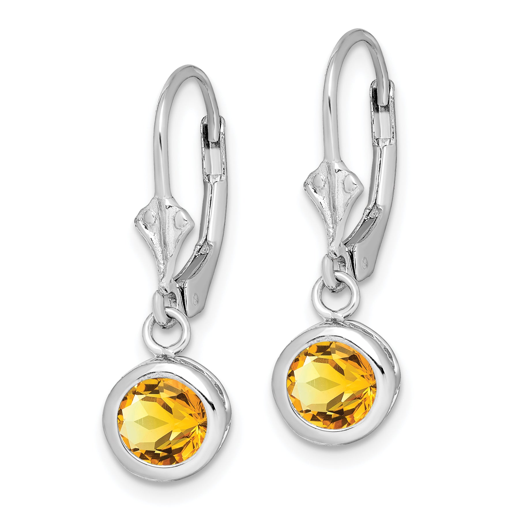 Sterling Silver Rhodium Plated 6mm Round Citrine Leverback Earrings