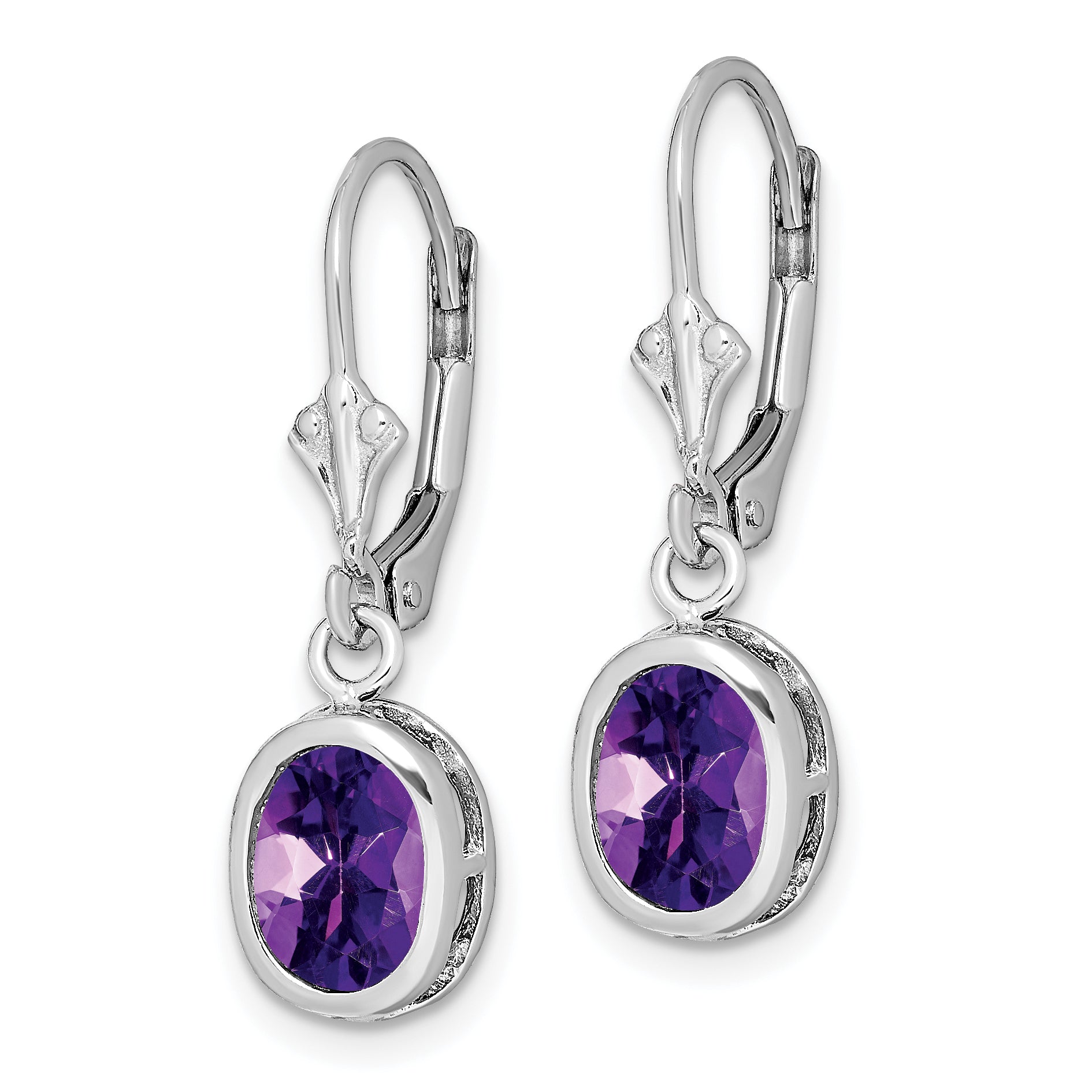 Sterling Silver Rhodium Plated 8x6mm Oval Amethyst Leverback Earrings