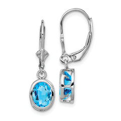 Sterling Silver Rhodium Plated 8x6mm Oval Blue Topaz Leverback Earrings