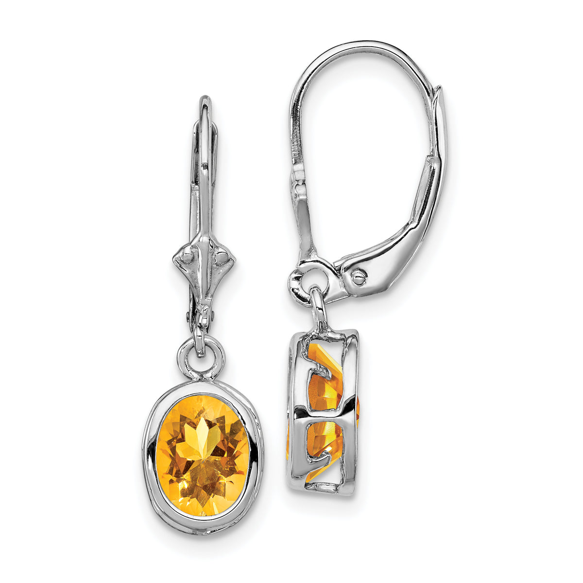 Sterling Silver Rhodium Plated 8x6mm Oval Citrine Leverback Earrings