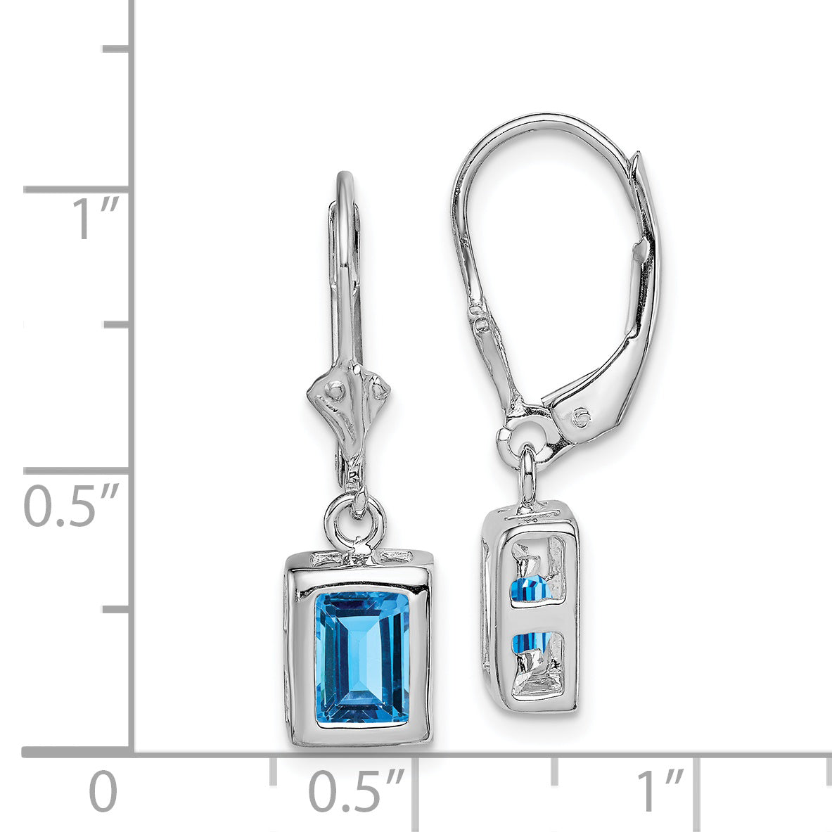 Sterling Silver RH Plated 7x5 Emerald Cut Blue Topaz Leverback Earrings