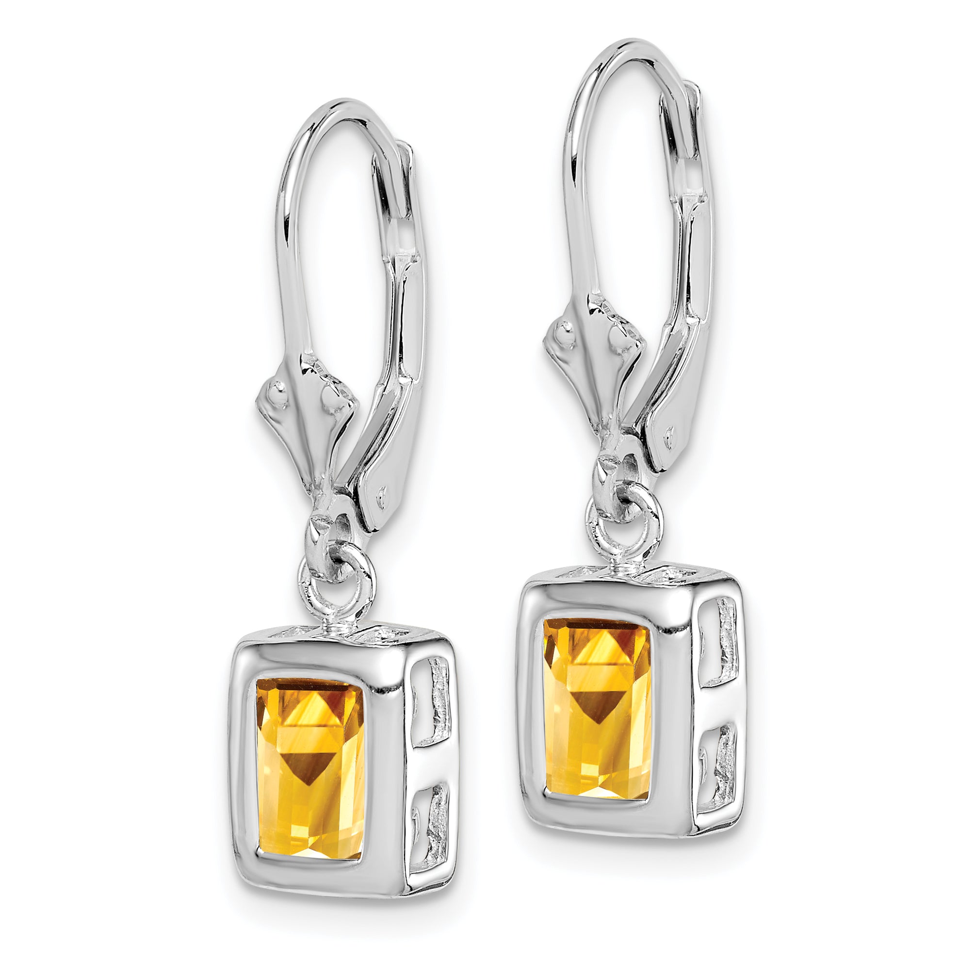 Sterling Silver Rhodium Plated 7x5 Emerald Cut Citrine Leverback Earrings