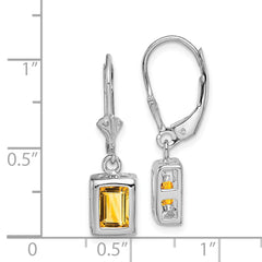 Sterling Silver Rhodium Plated 7x5 Emerald Cut Citrine Leverback Earrings