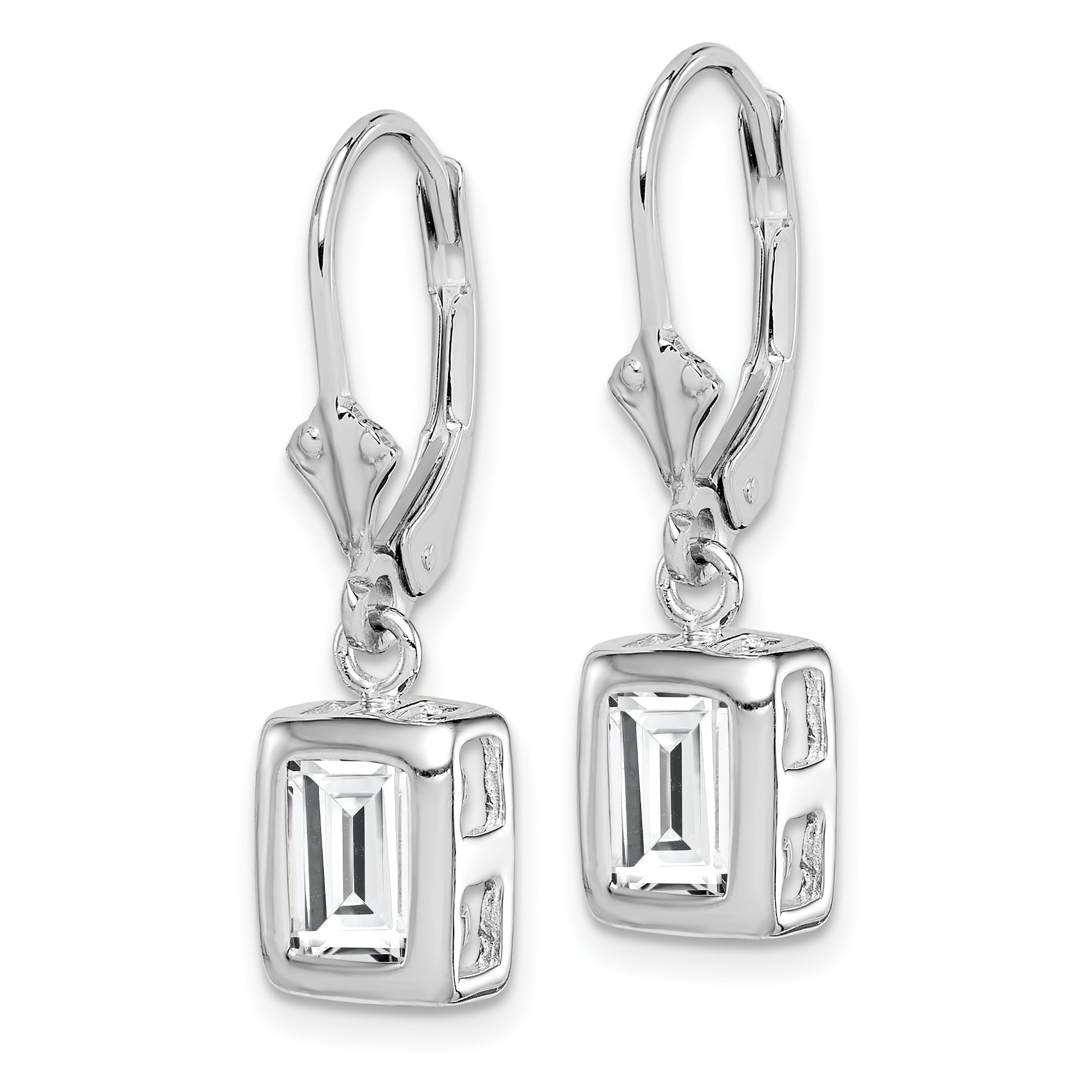 Sterling Silver Rhodium Plated 7x5 Emerald Cut CZ Leverback Earrings