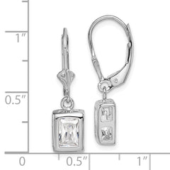 Sterling Silver Rhodium Plated 7x5 Emerald Cut CZ Leverback Earrings