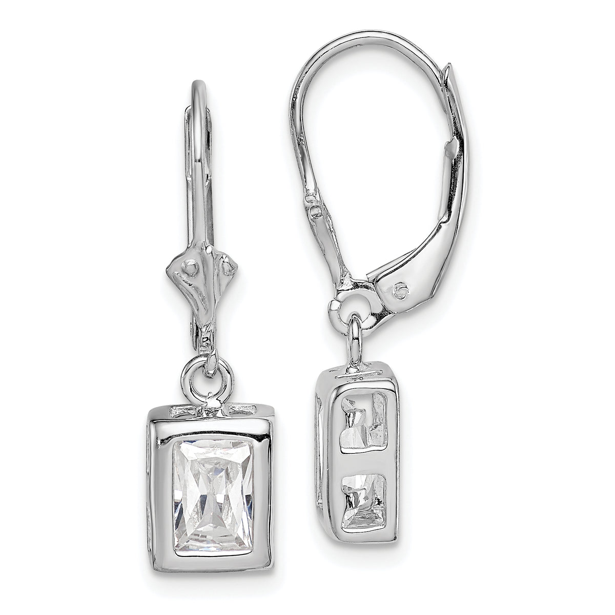 Sterling Silver Rhodium Plated 7x5 Emerald Cut CZ Leverback Earrings