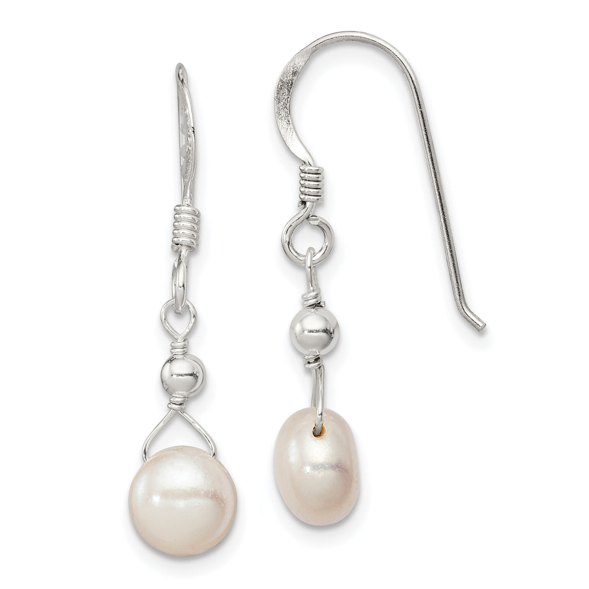 Sterling Silver Polished 7-8mm Freshwater Cultured Pearl Dangle Earrings