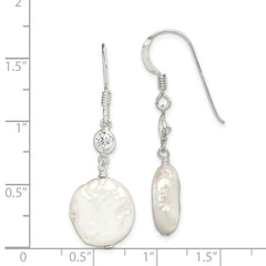 Sterling Silver Polished White 12-13mm Coin Freshwater Cultured Pearl & CZ Dangle Earrings