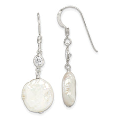 Sterling Silver Polished White 12-13mm Coin Freshwater Cultured Pearl & CZ Dangle Earrings