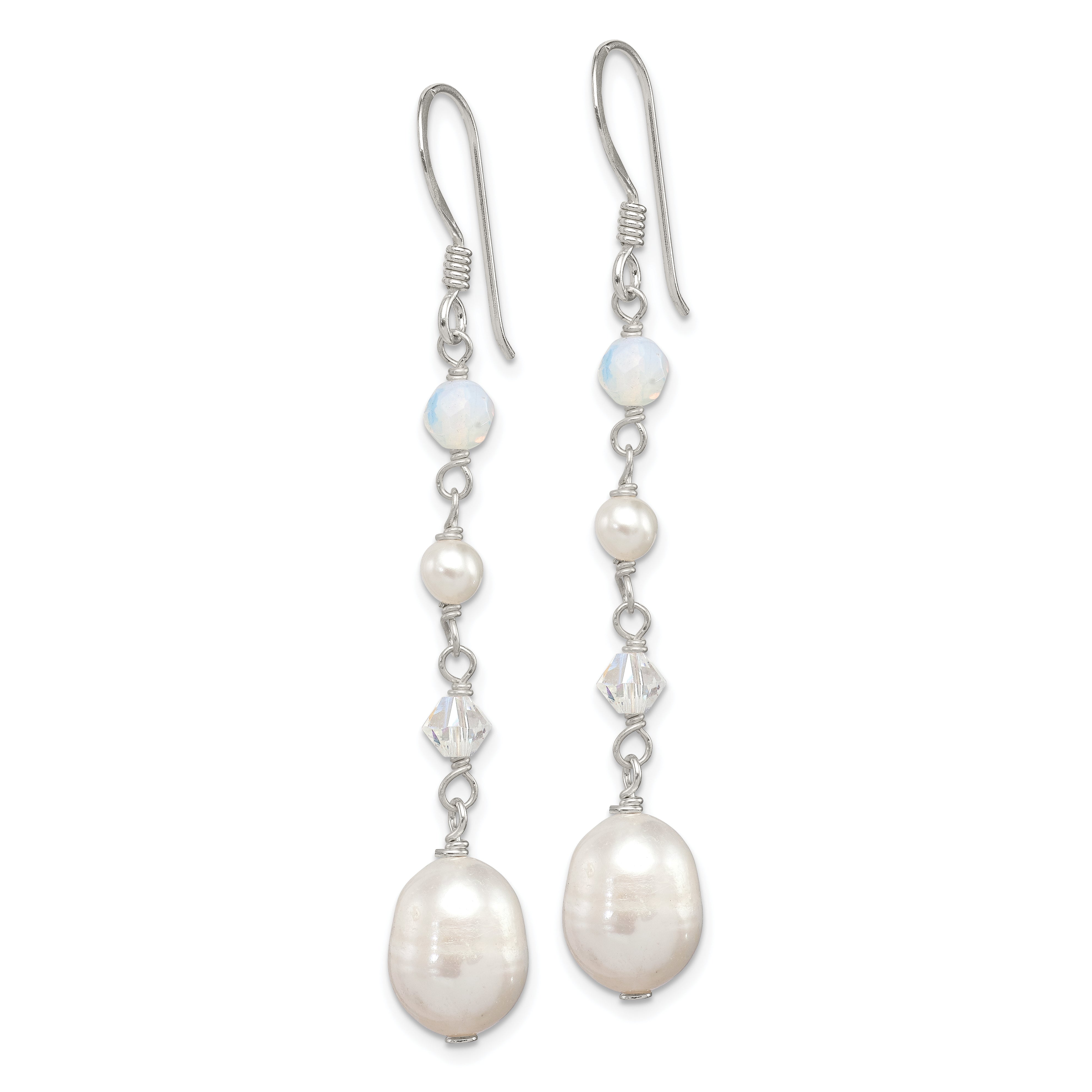 Sterling Silver Polished FWC Pearl/Opalite Crystal/Crystal Dangle Earrings