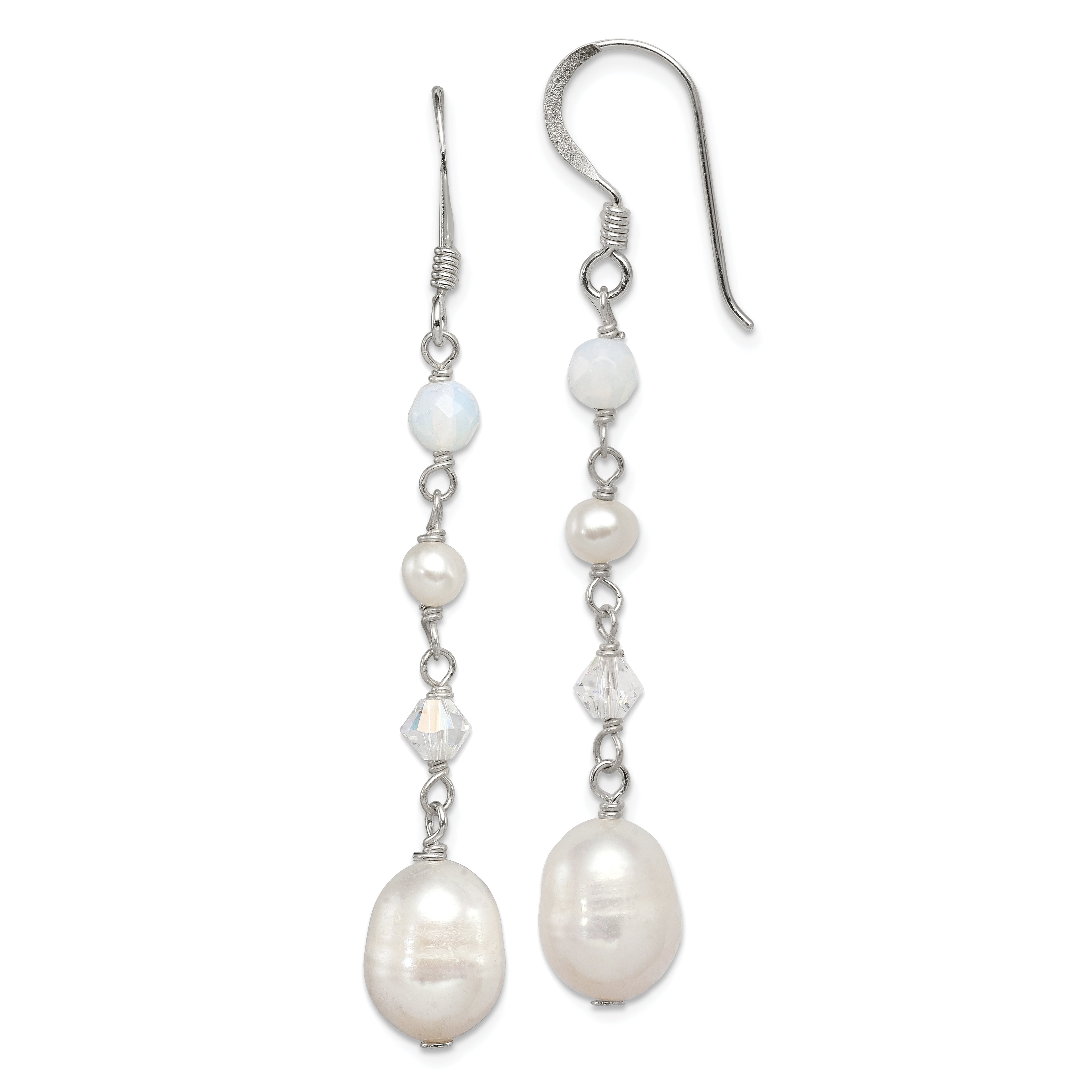 Sterling Silver Polished FWC Pearl/Opalite Crystal/Crystal Dangle Earrings