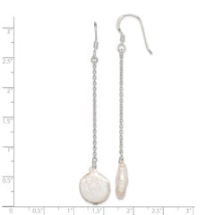 Sterling Silver Polished White 12-13mm Coin Freshwater Cultured Pearl Dangle Earrings