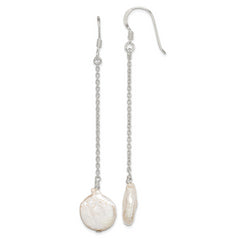 Sterling Silver Polished White 12-13mm Coin Freshwater Cultured Pearl Dangle Earrings