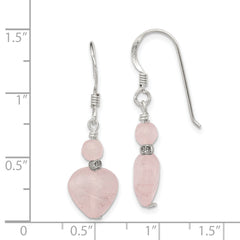 Sterling Silver Polished & Antiqued Rose Quartz Heart Dangle Earrings