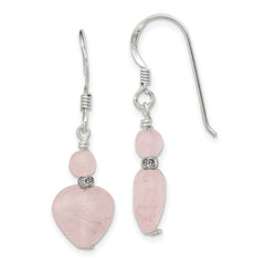 Sterling Silver Polished & Antiqued Rose Quartz Heart Dangle Earrings