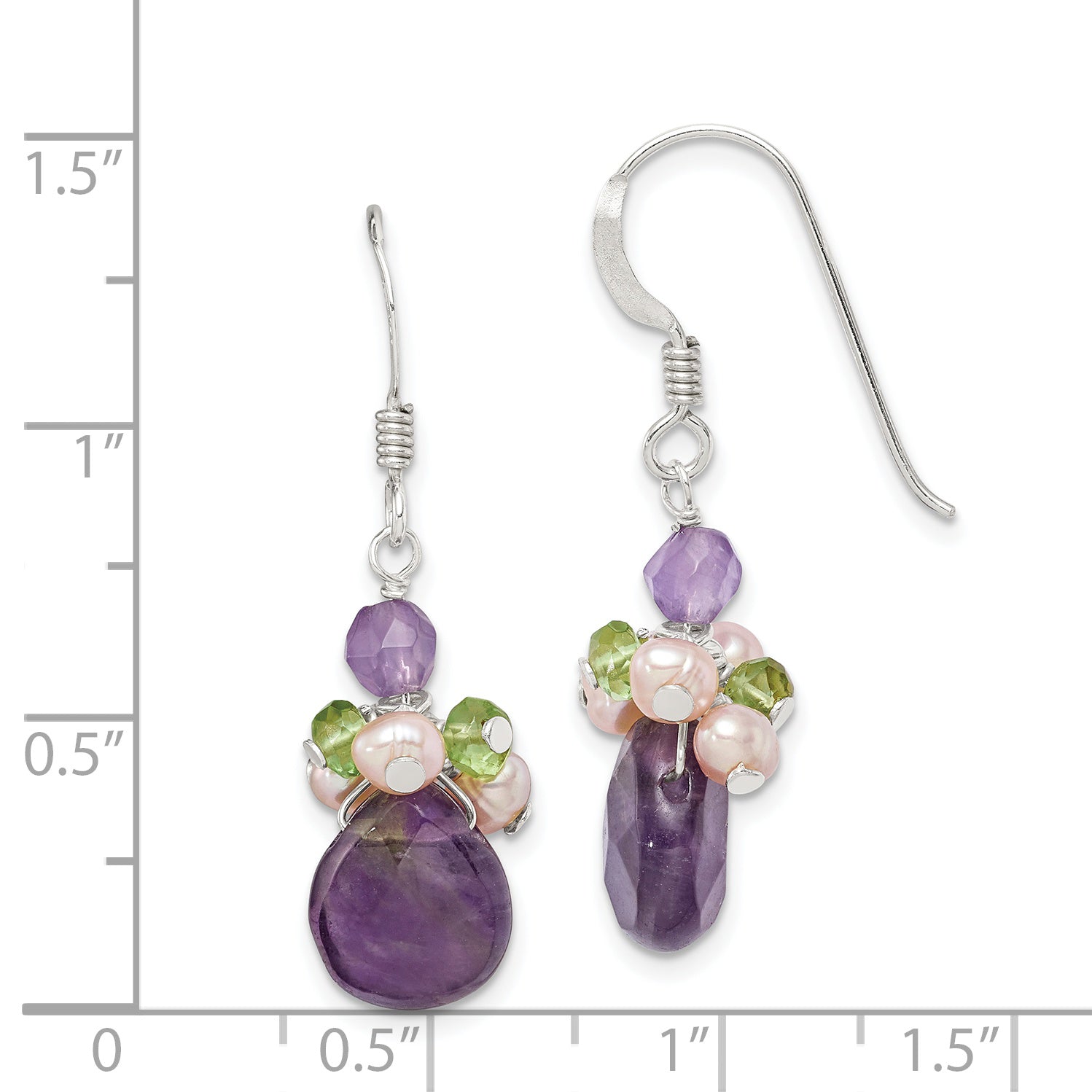 Sterling Silver Amethyst, Peridot & Peach FWC Pearl Dangle Earrings