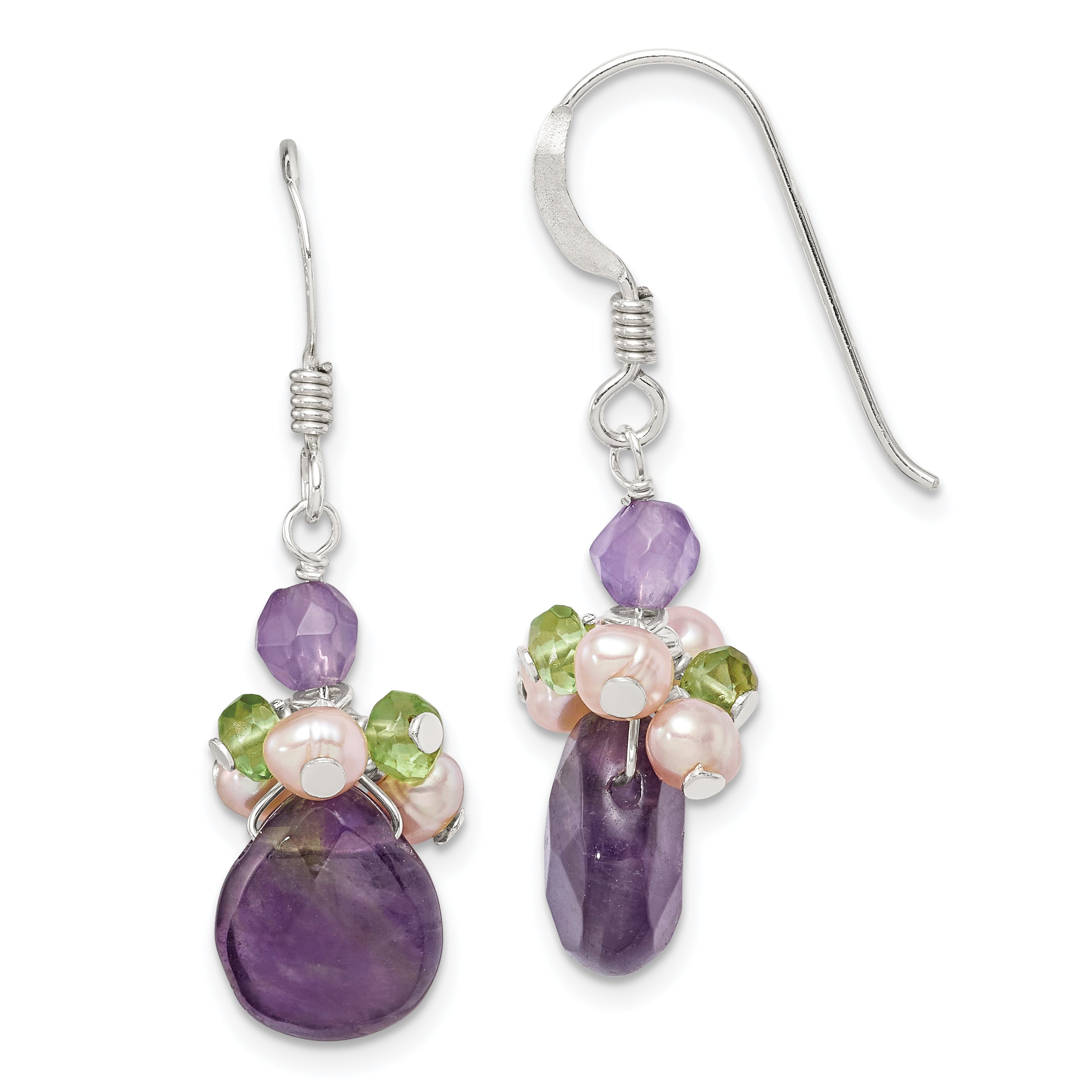 Sterling Silver Amethyst, Peridot & Peach FWC Pearl Dangle Earrings