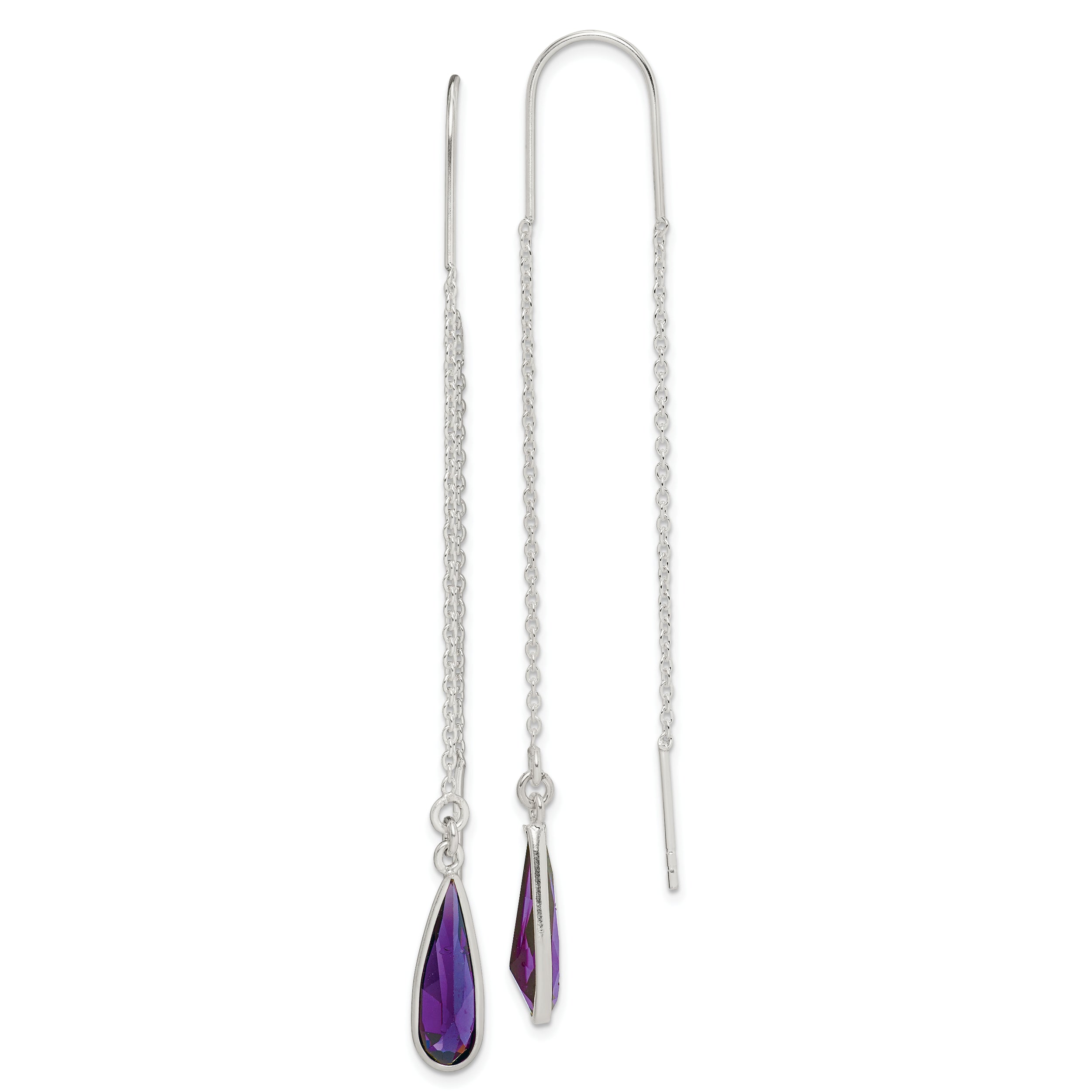 Sterling Silver Polished Purple CZ Teardrop Threader Earrings