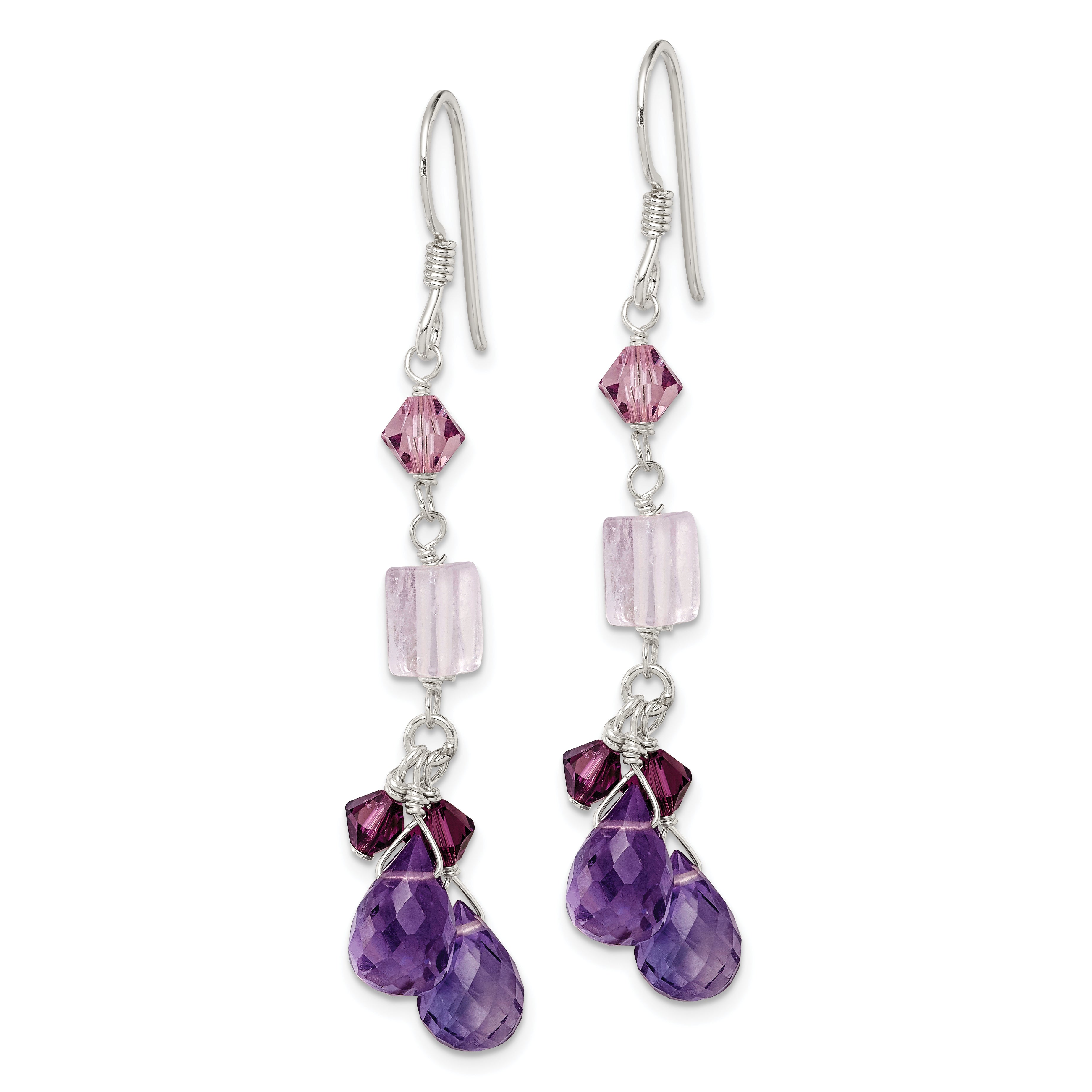 Sterling Silver Polished Amethyst, Lavender Quartz & Crystal Dangle Earrings