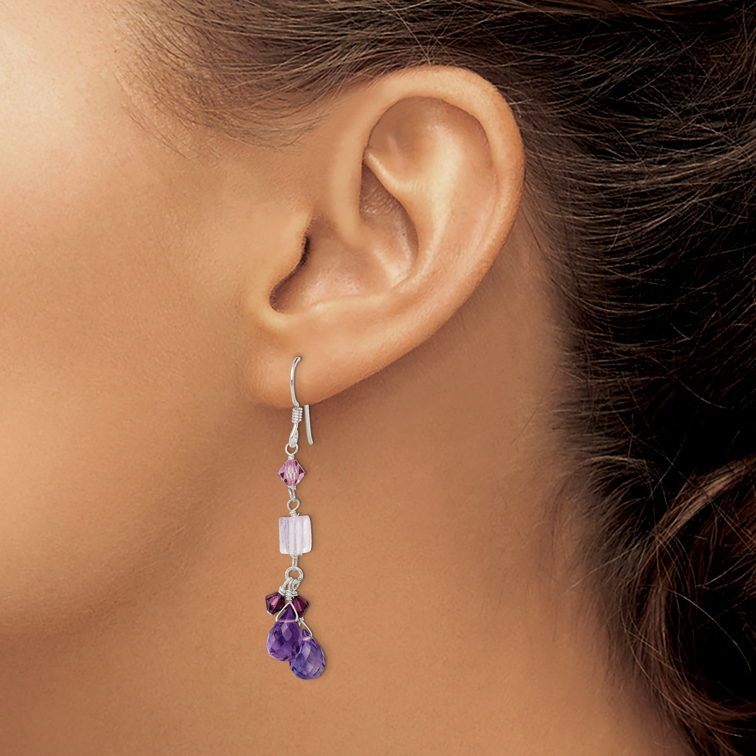 Sterling Silver Polished Amethyst, Lavender Quartz & Crystal Dangle Earrings