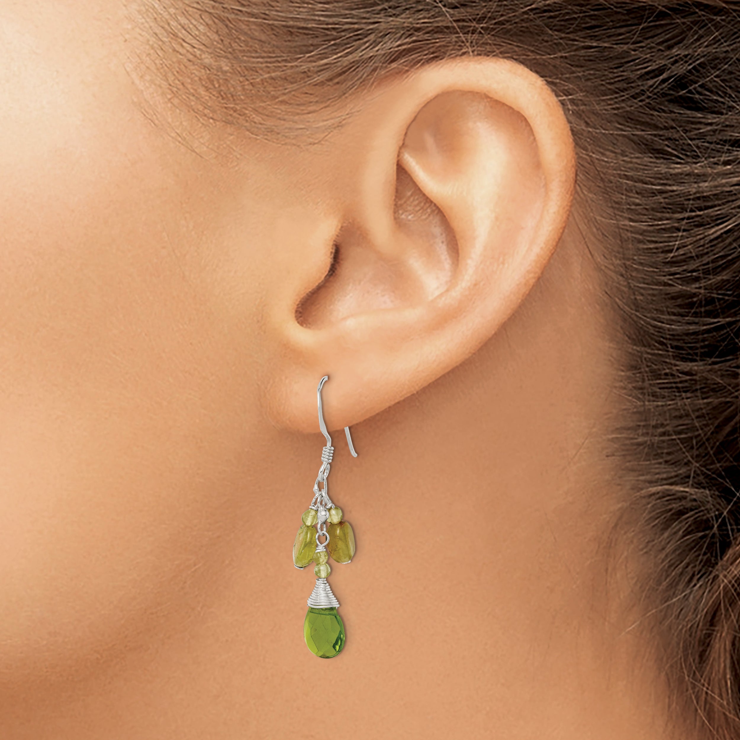 Sterling Silver Polished Peridot & Green Crystal Teardrop Dangle Earrings