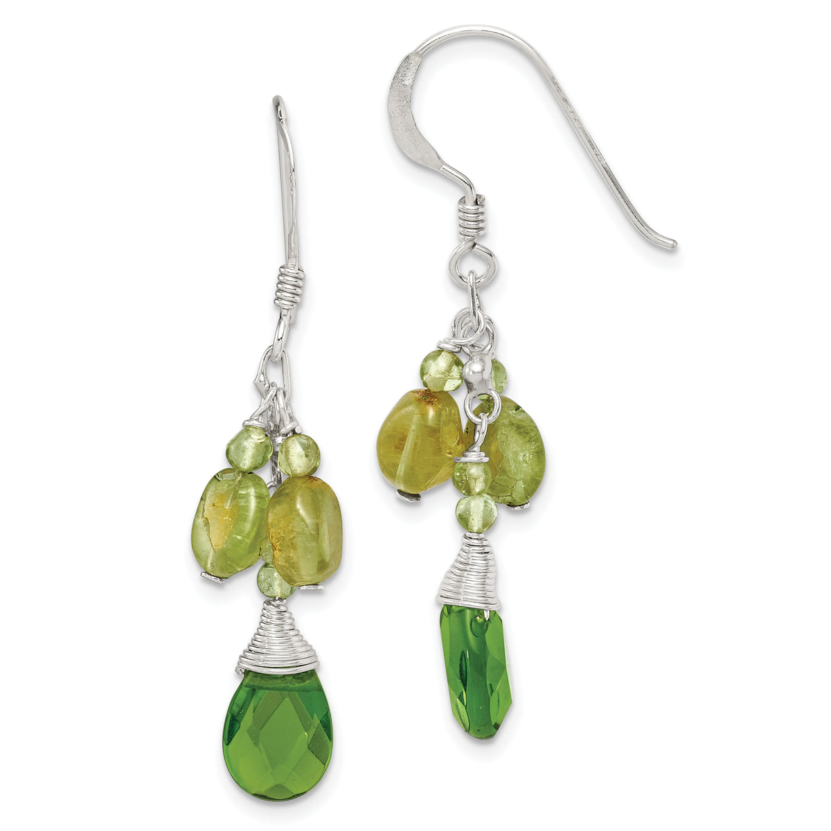 Sterling Silver Polished Peridot & Green Crystal Teardrop Dangle Earrings