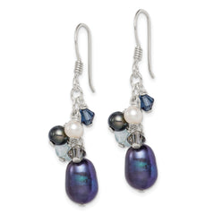 Sterling Silver Polished Blue & Black Crystal, Black and White Freshwater Cultured Pearl Dangle Earrings