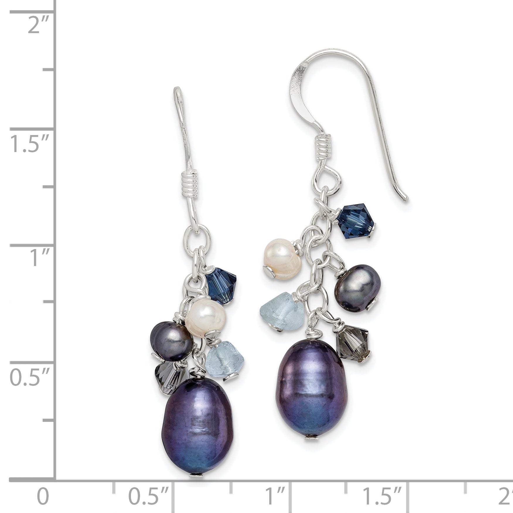 Sterling Silver Polished Blue & Black Crystal, Black and White Freshwater Cultured Pearl Dangle Earrings