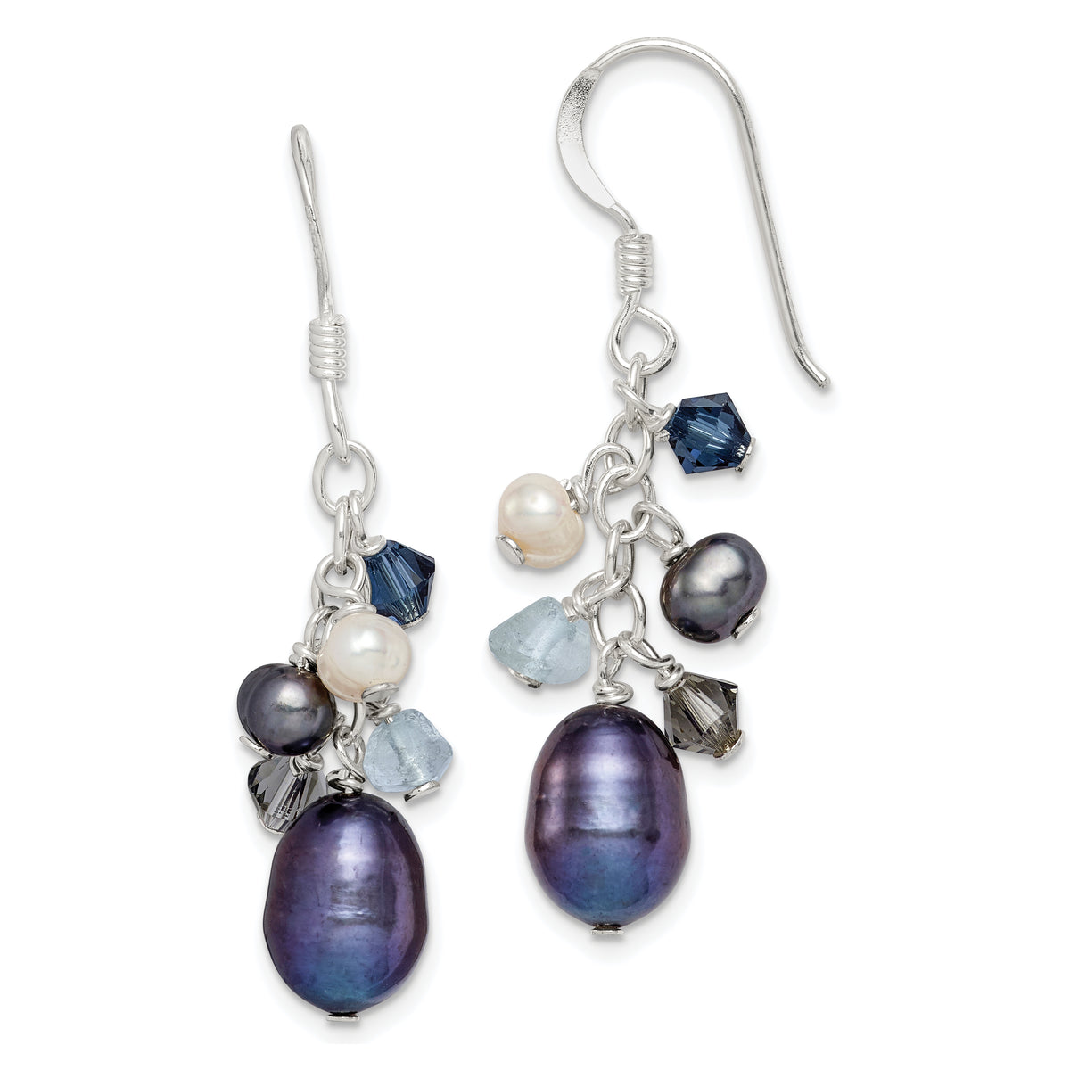 Sterling Silver Polished Blue & Black Crystal, Black and White Freshwater Cultured Pearl Dangle Earrings